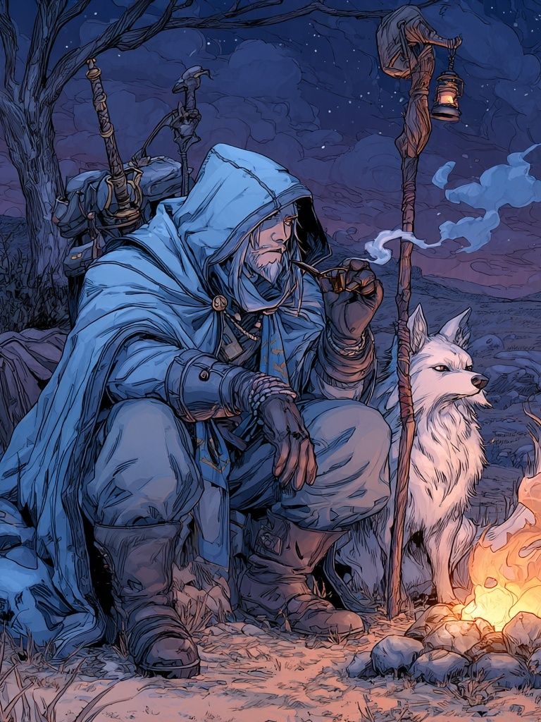 Moonlit Ranger and Wolf Fantasy Print. poster detail