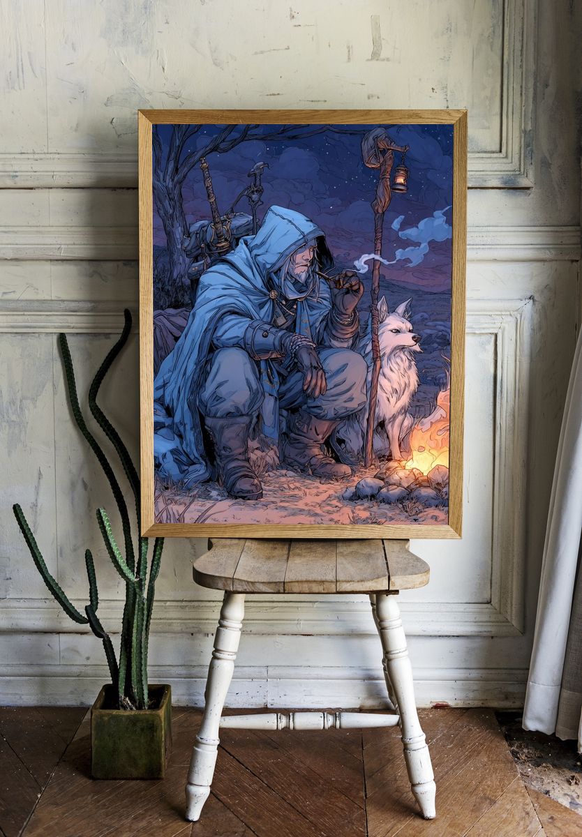 Moonlit Ranger and Wolf Fantasy Print room preview