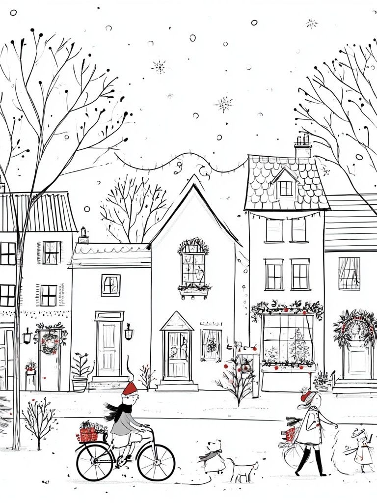 Winter Village Street Illustration Poster. poster detail