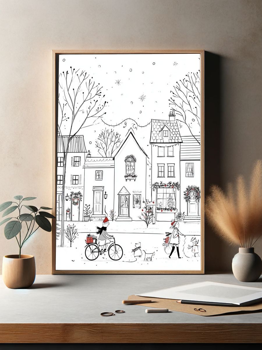 Winter Village Street Illustration Poster. — room view 2