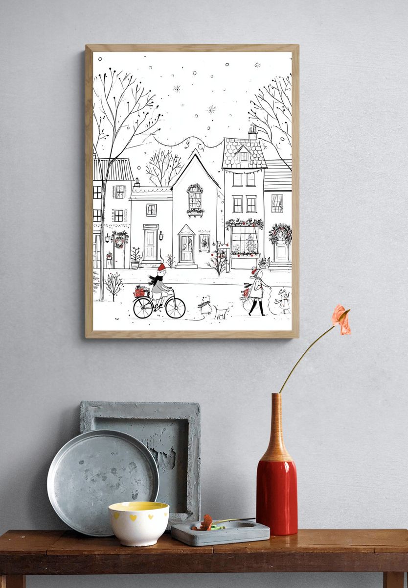 Winter Village Street Illustration Poster. — room view 3