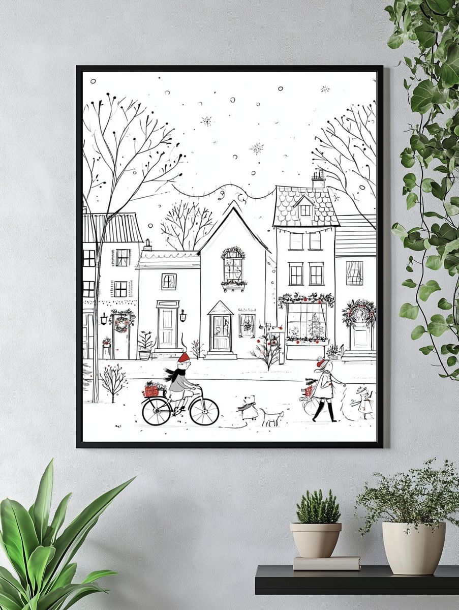 Winter Village Street Illustration Poster. — room view 4