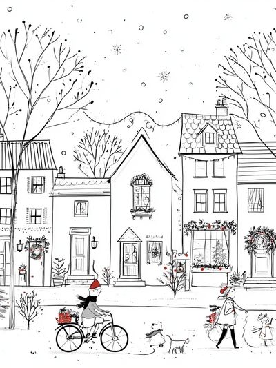 Winter Village Street Illustration Poster.