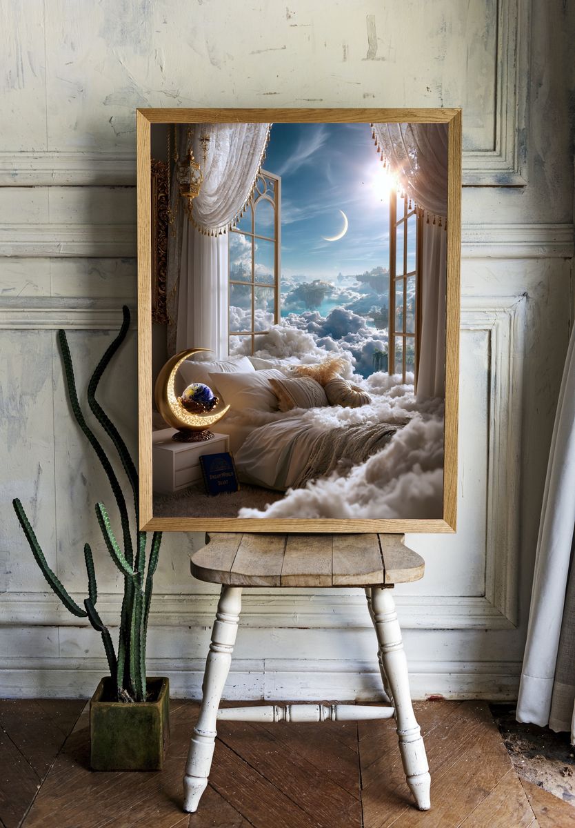 Dreamy Cloud Bedroom Surrealism Print. — room view 1