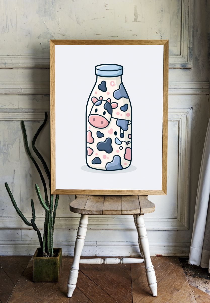 Cute Cow Milk Bottle Illustration Poster. — room view 1