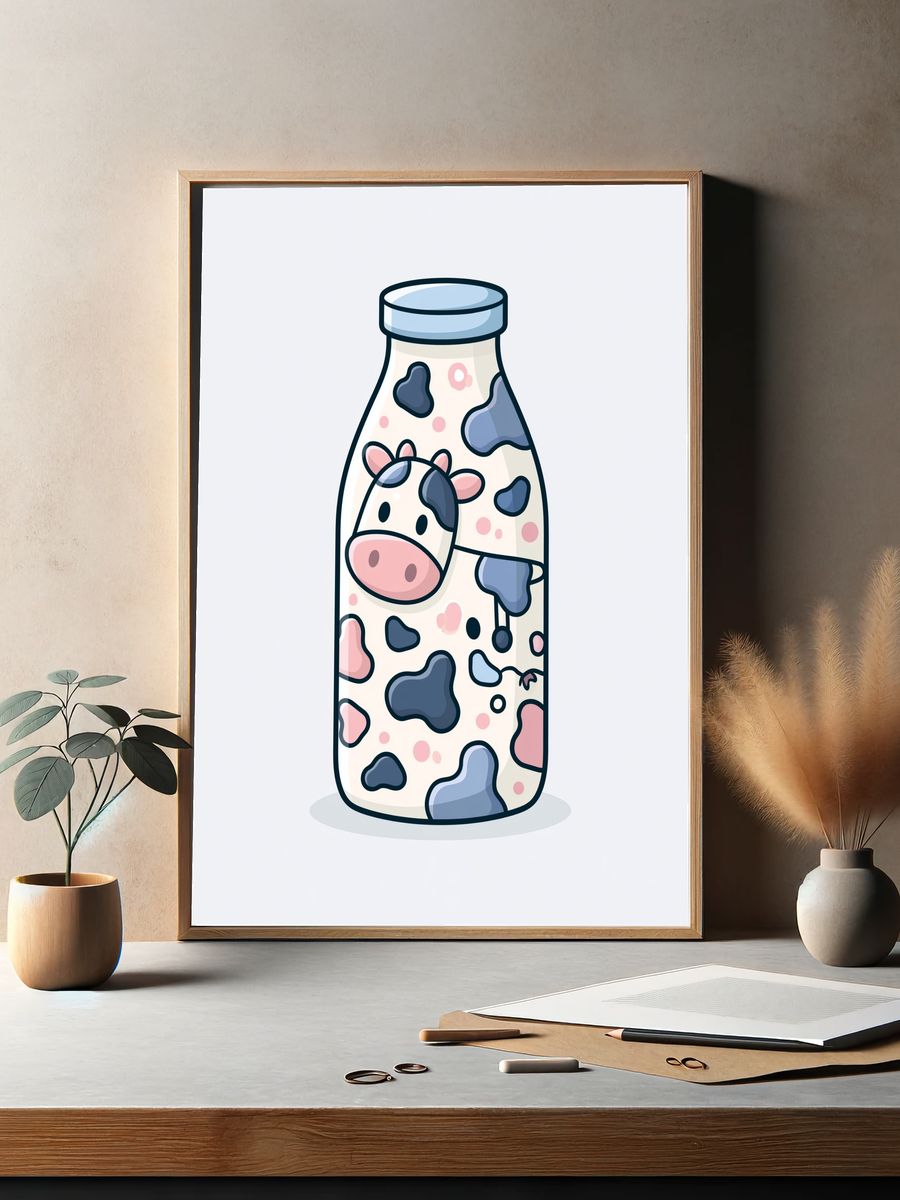 Cute Cow Milk Bottle Illustration Poster. — room view 2