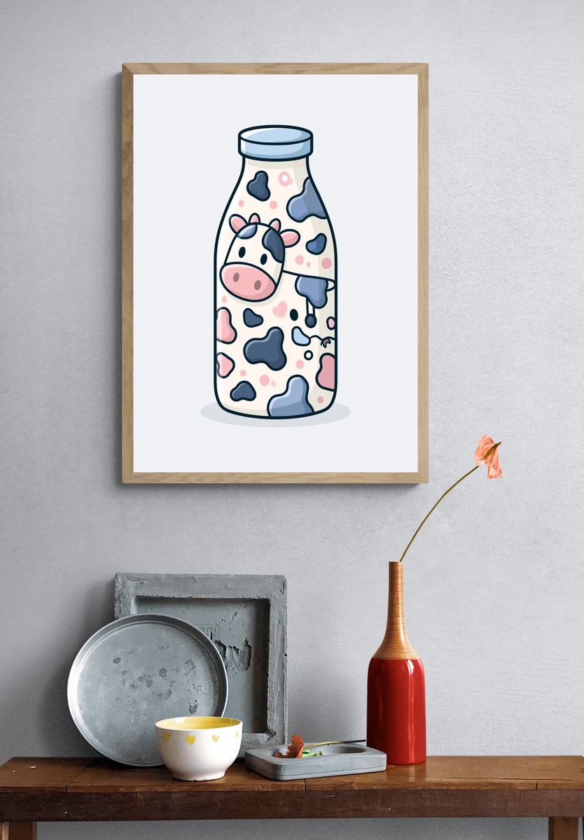Cute Cow Milk Bottle Illustration Poster. — room view 3