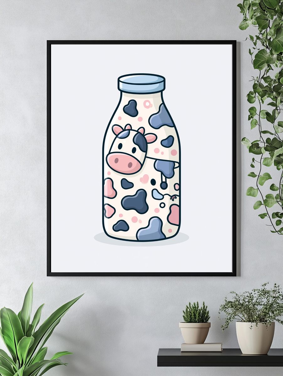 Cute Cow Milk Bottle Illustration Poster. — room view 4