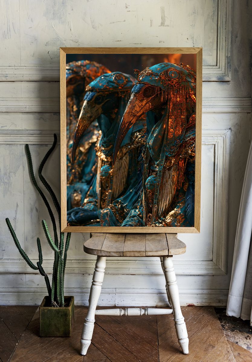 Gilded Bird Masks Illustration Poster. room preview