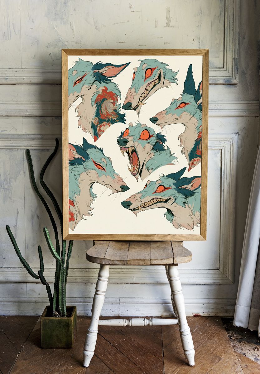 Fox Spirit Heads Illustration Poster. room preview