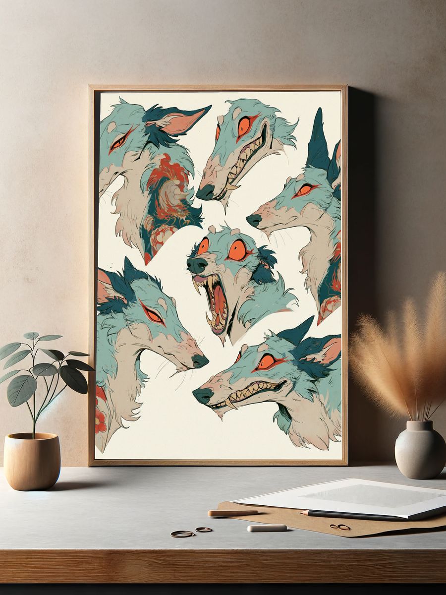 Fox Spirit Heads Illustration Poster. — room view 2