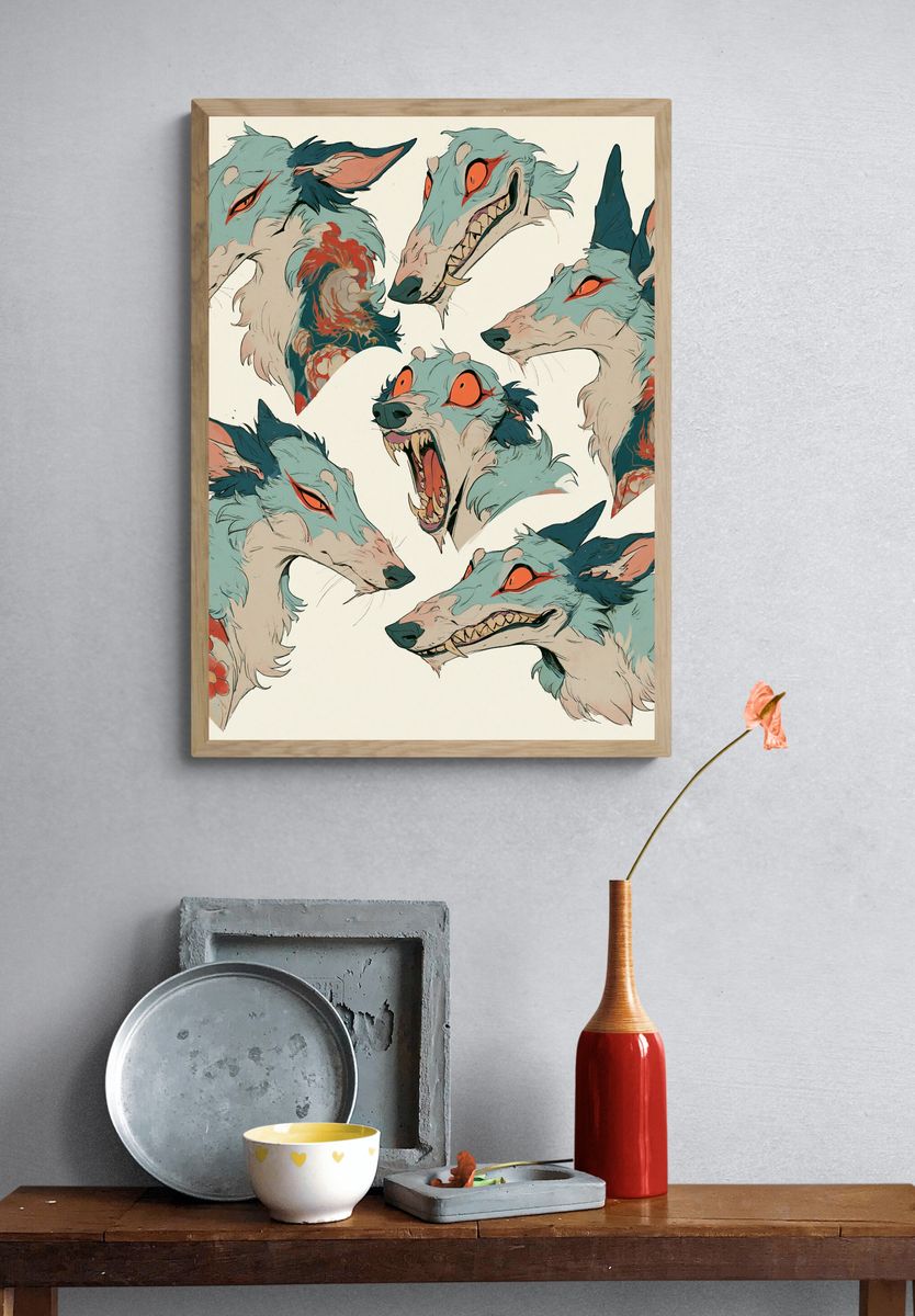 Fox Spirit Heads Illustration Poster. — room view 3