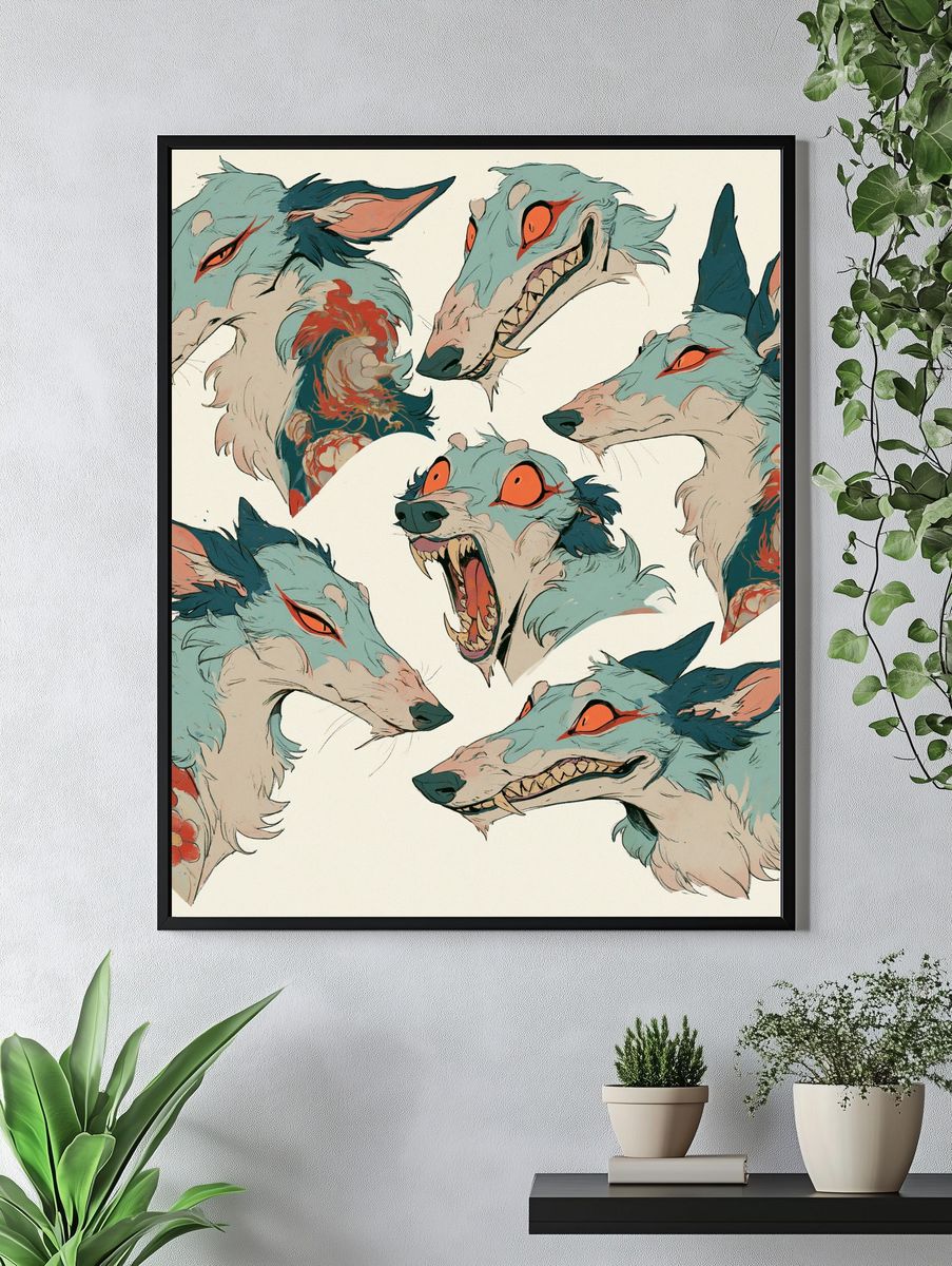 Fox Spirit Heads Illustration Poster. — room view 4