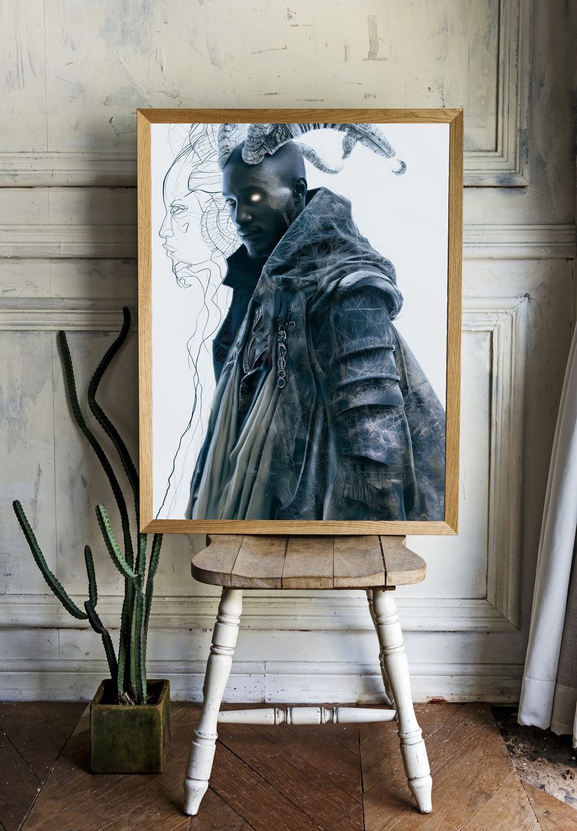 Futuristic Hooded Portrait Print. room preview