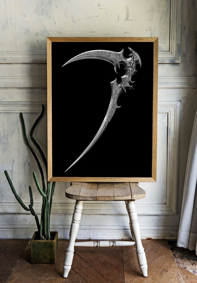 Ornate Silver Scythe Illustration Poster. room preview