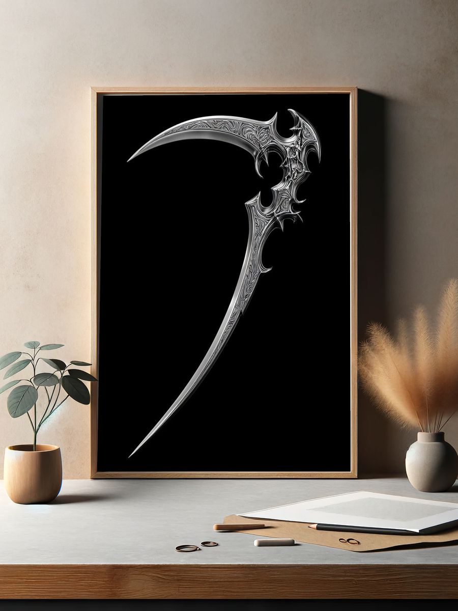 Ornate Silver Scythe Illustration Poster. — room view 2