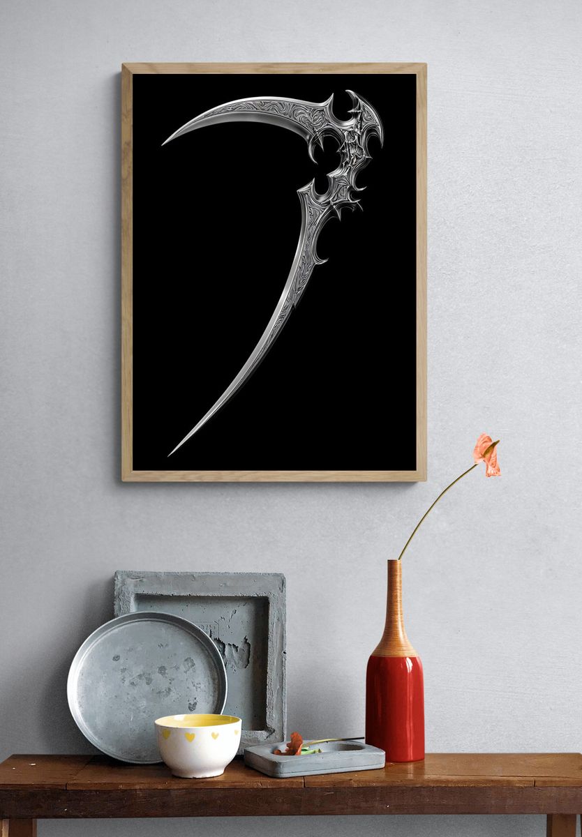 Ornate Silver Scythe Illustration Poster. — room view 3