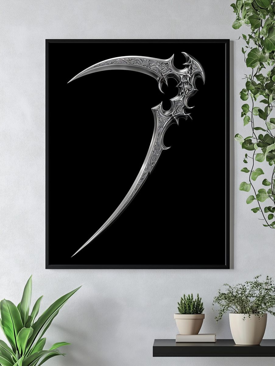 Ornate Silver Scythe Illustration Poster. — room view 4