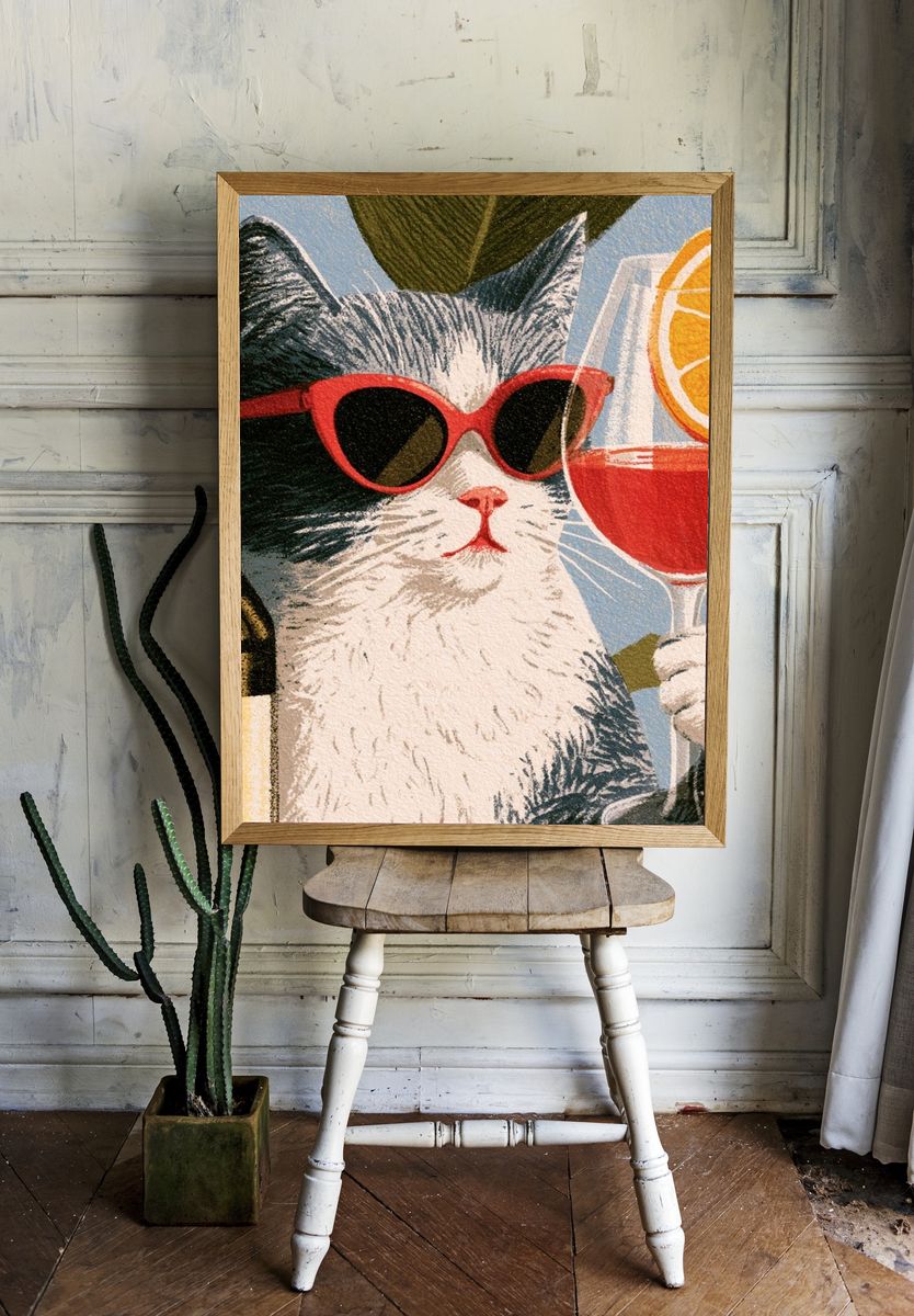 Cool Cat Cocktail Illustration Poster. — room view 1