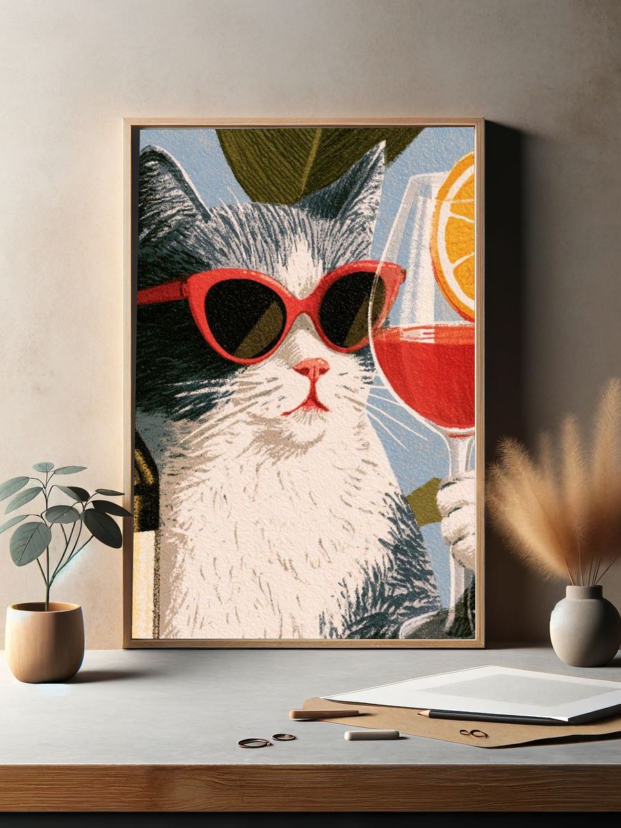 Cool Cat Cocktail Illustration Poster. — room view 2