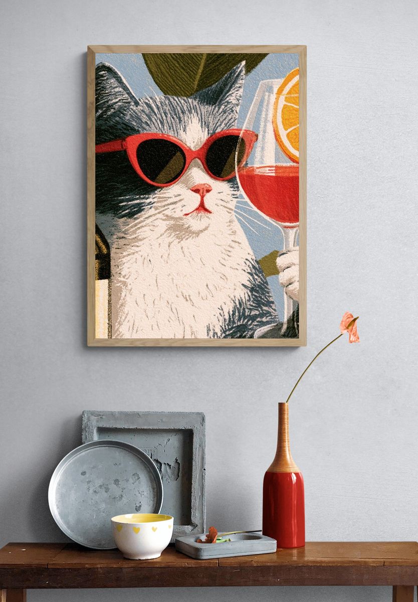 Cool Cat Cocktail Illustration Poster. — room view 3