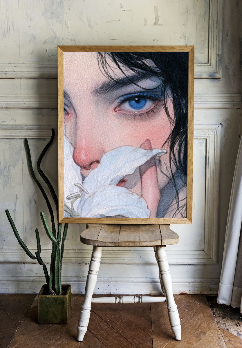 Blue-Eyed Portrait Watercolor Print. — room view 1
