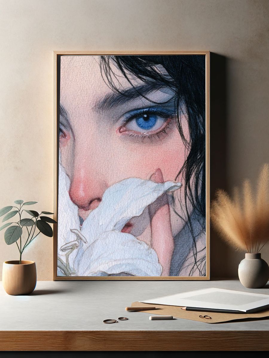 Blue-Eyed Portrait Watercolor Print. — room view 2