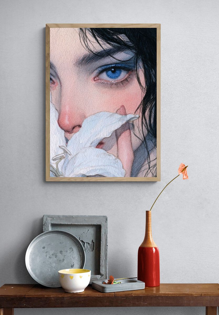 Blue-Eyed Portrait Watercolor Print. — room view 3