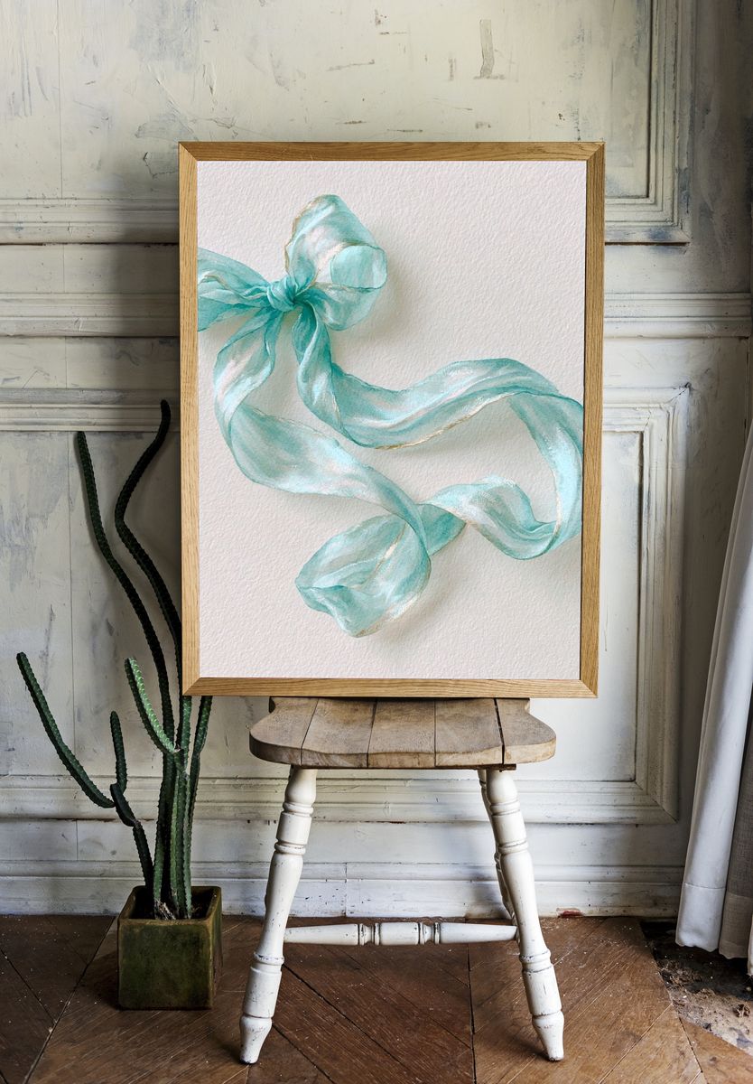 Aqua Ribbon Bow Illustration Poster. — room view 1