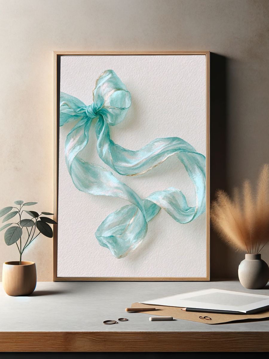 Aqua Ribbon Bow Illustration Poster. — room view 2
