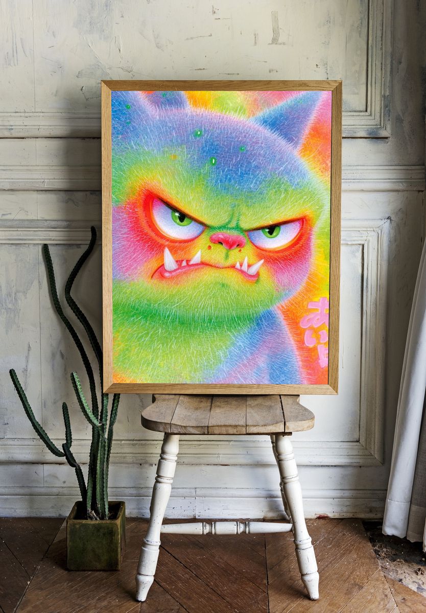 Rainbow Monster Cat Illustration Poster. room preview