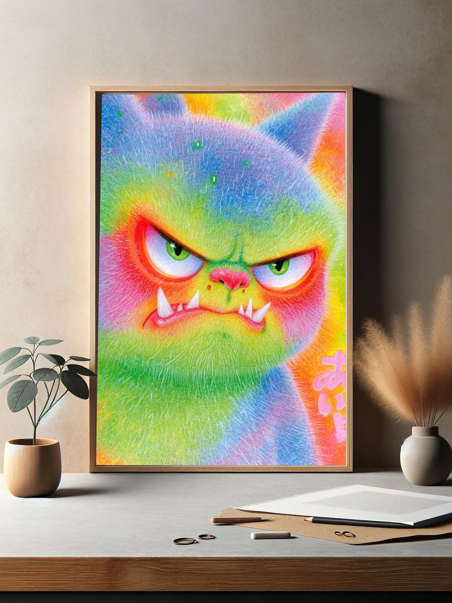 Rainbow Monster Cat Illustration Poster. — room view 2