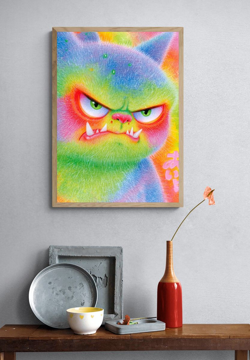 Rainbow Monster Cat Illustration Poster. — room view 3