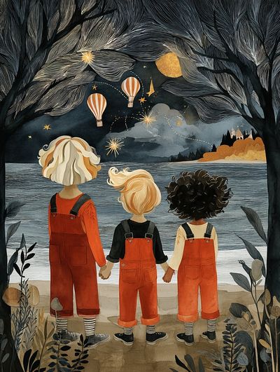 Children by the Lake Illustration Poster. poster print
