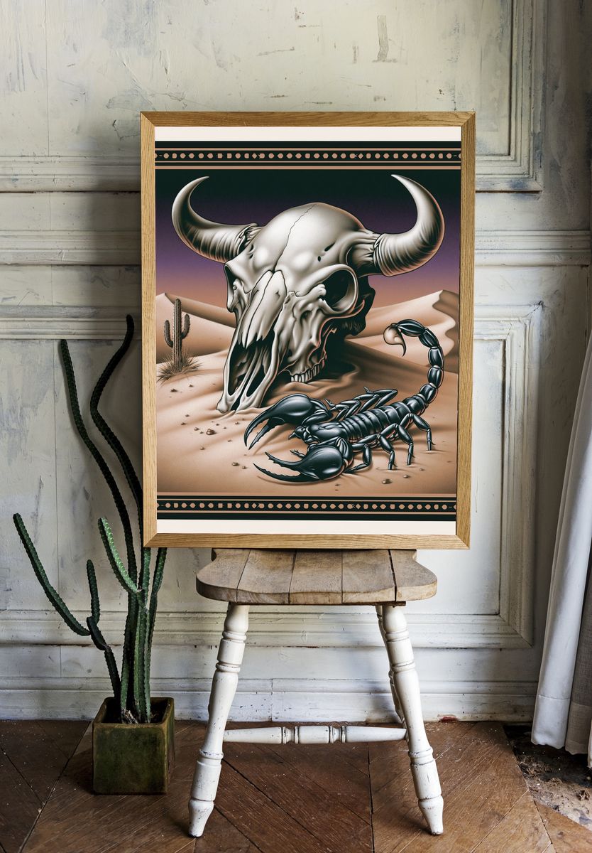 Desert Skull and Scorpion Illustration Poster. room preview