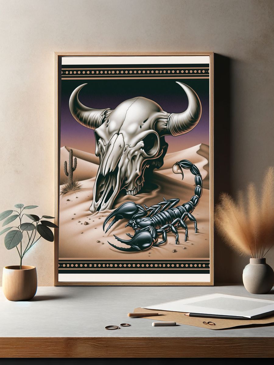 Desert Skull and Scorpion Illustration Poster. — room view 2