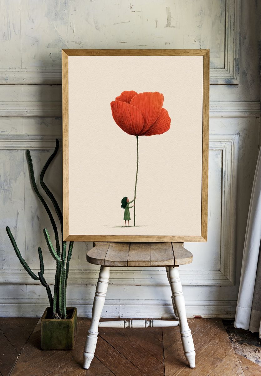 Girl and Giant Poppy Illustration Poster. — room view 1