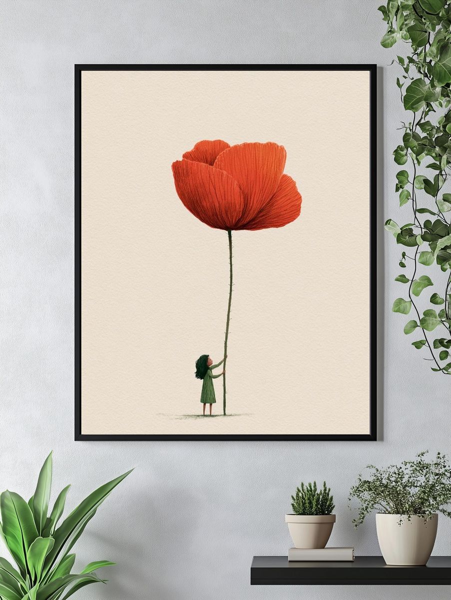Girl and Giant Poppy Illustration Poster. — room view 4
