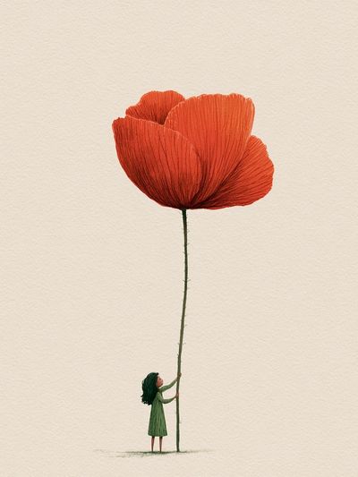 Girl and Giant Poppy Illustration Poster.