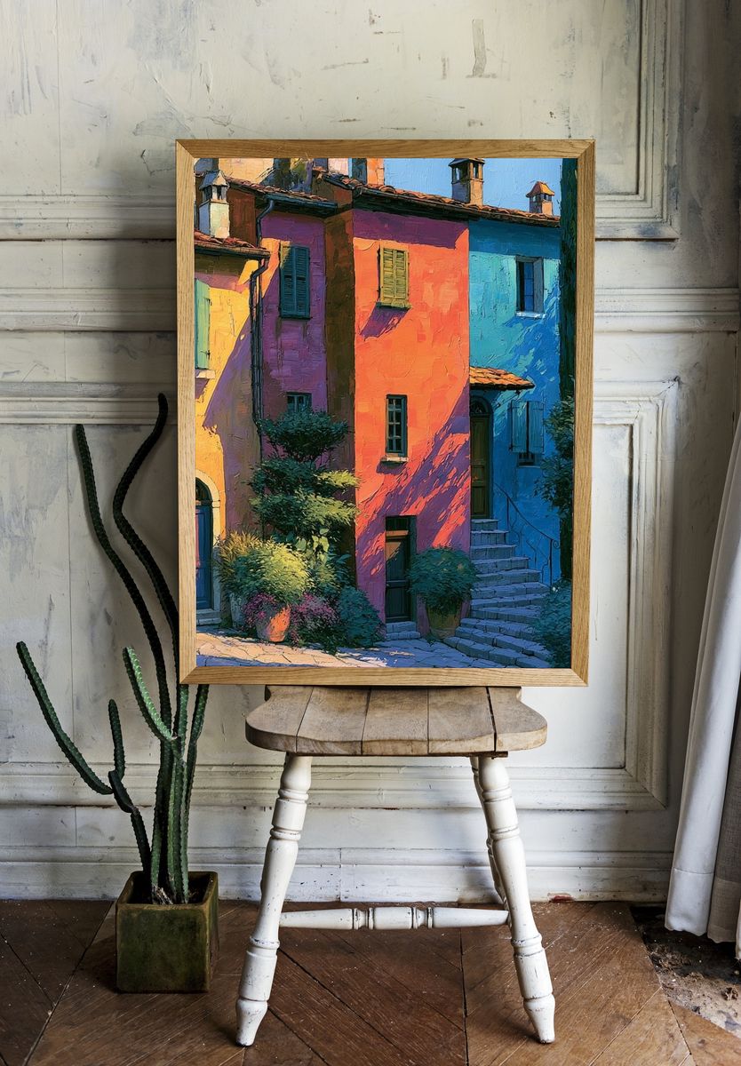 Colorful Tuscan Village — Illustration Print. room preview