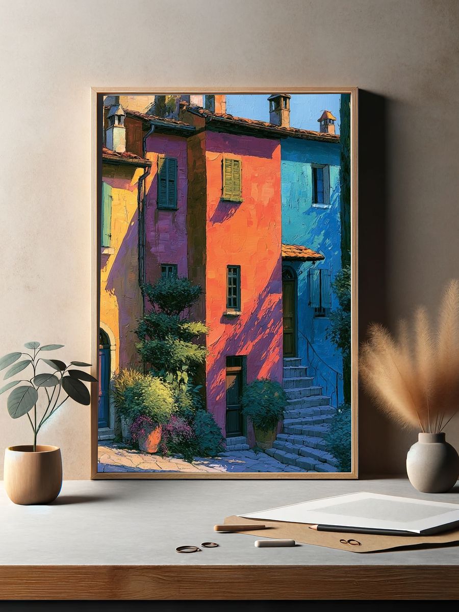 Colorful Tuscan Village — Illustration Print. — room view 2