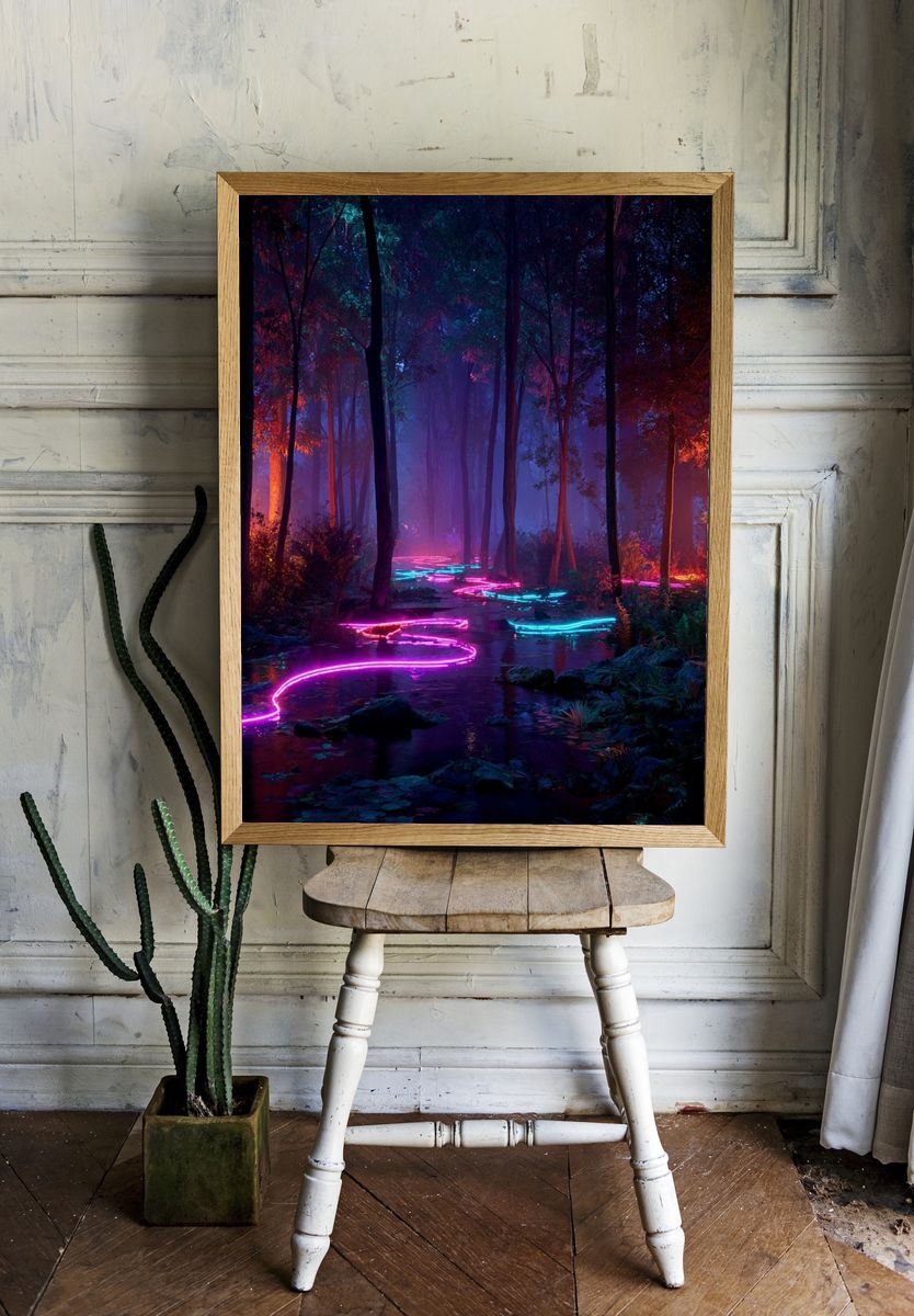 Neon Forest Stream Digital Art Poster room preview