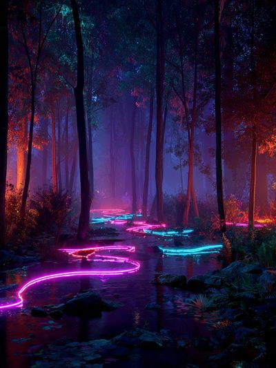 Neon Forest Stream Digital Art Poster. poster print