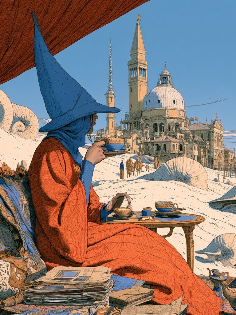 Venetian Tea Scene Illustration Poster. poster — illustration art