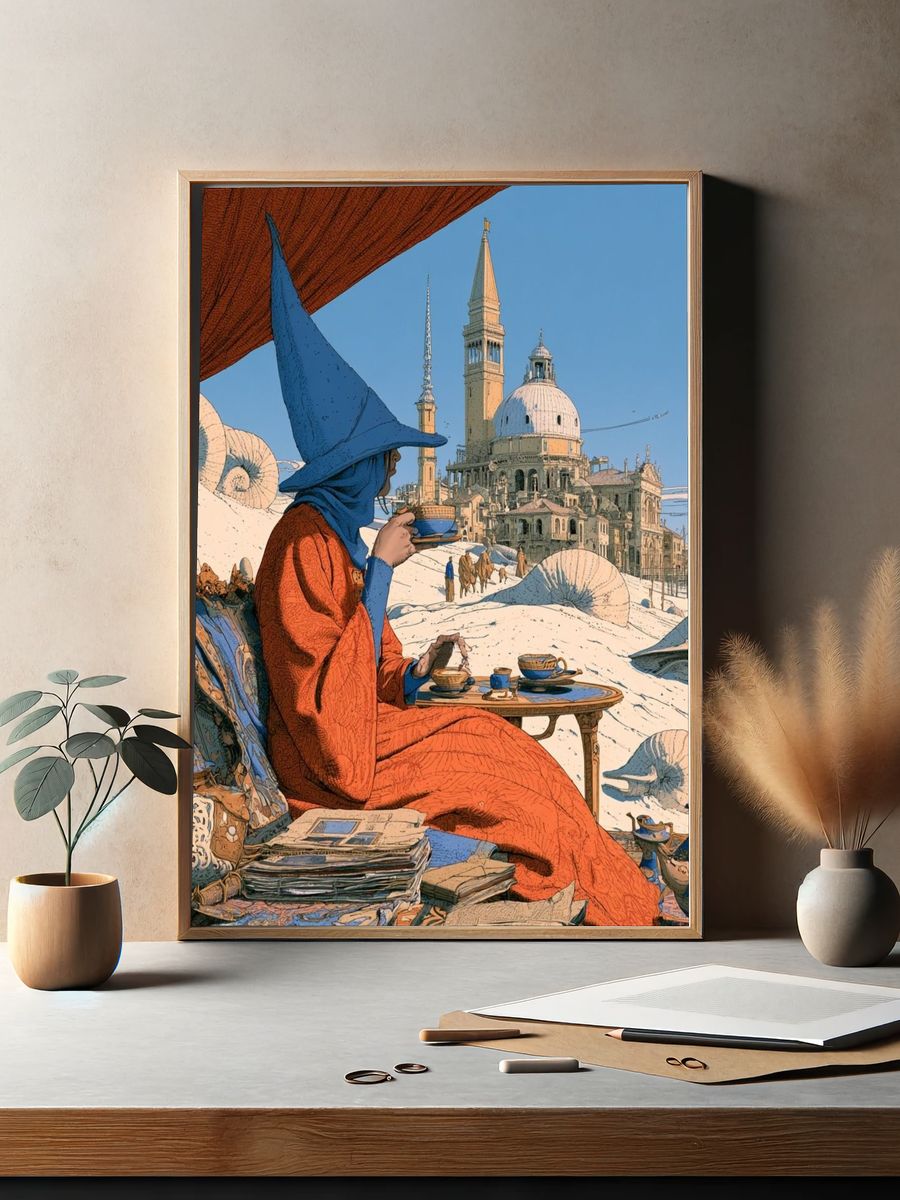 Venetian Tea Scene Illustration Poster. — room view 2