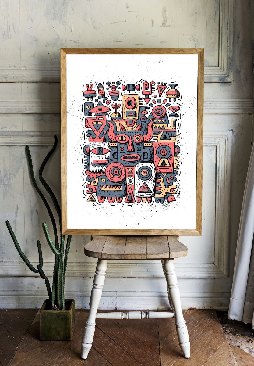 Tribal Mask Collage Illustration Poster. — room view 1