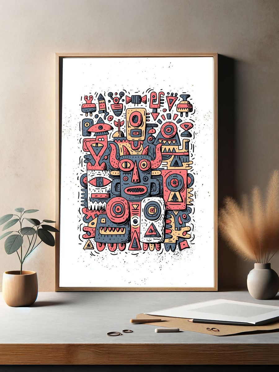 Tribal Mask Collage Illustration Poster. — room view 2