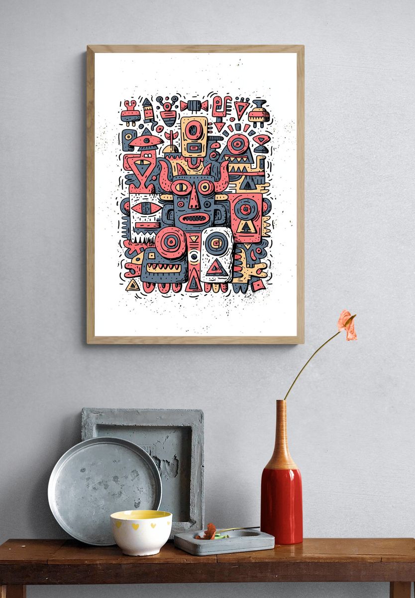 Tribal Mask Collage Illustration Poster. — room view 3