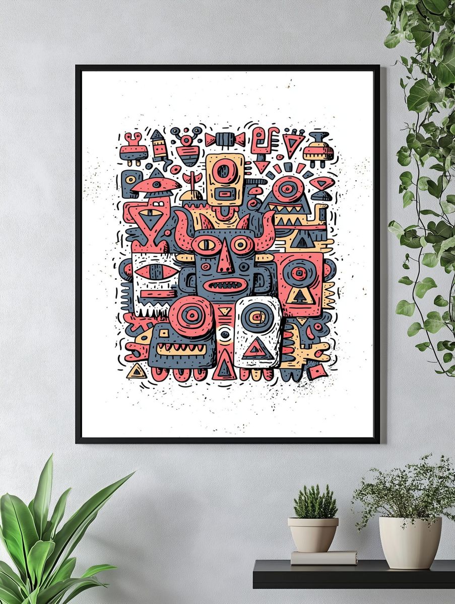 Tribal Mask Collage Illustration Poster. — room view 4