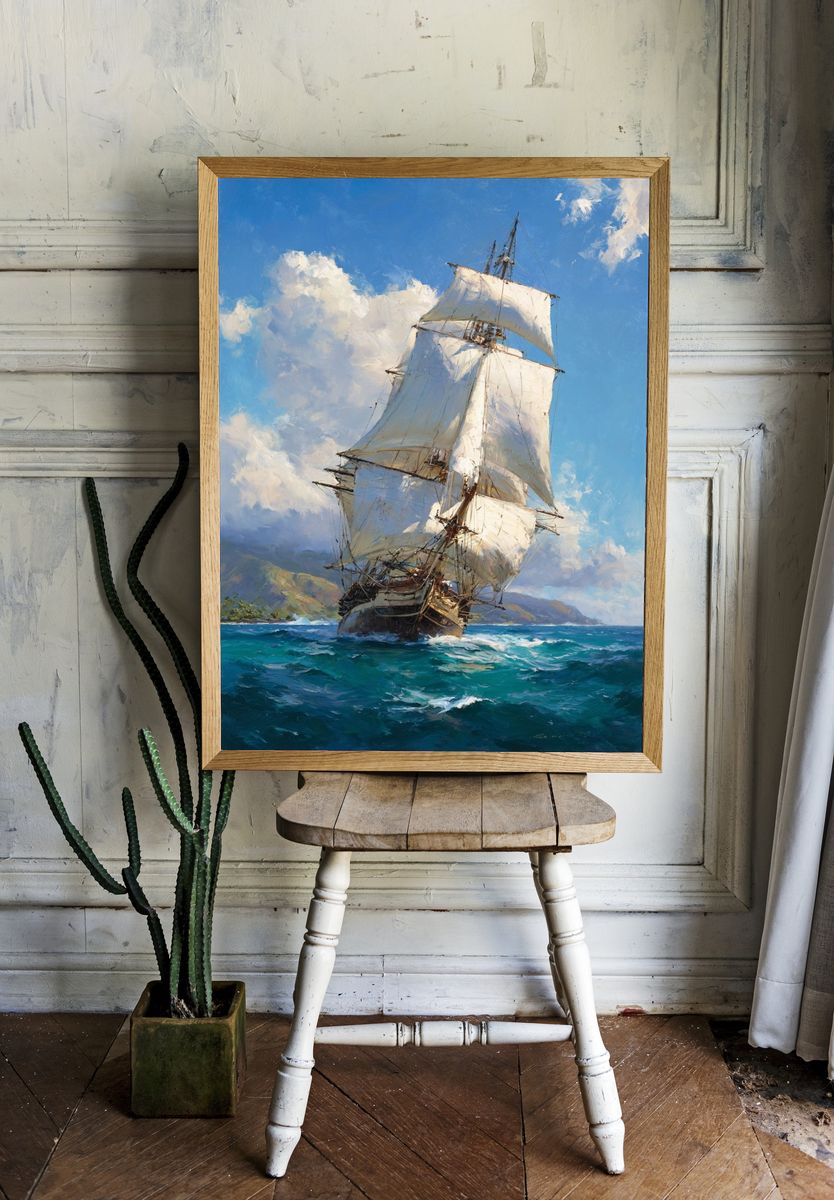 Tall Ship at Sea Illustration Poster. room preview
